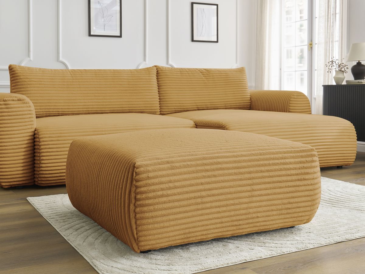 Bobochic Lucien Ecksofa mit Schlaffunktion und Bettkasten und Pouf 314 × 167 cm Breitcord weich Gelb Ecke rechts