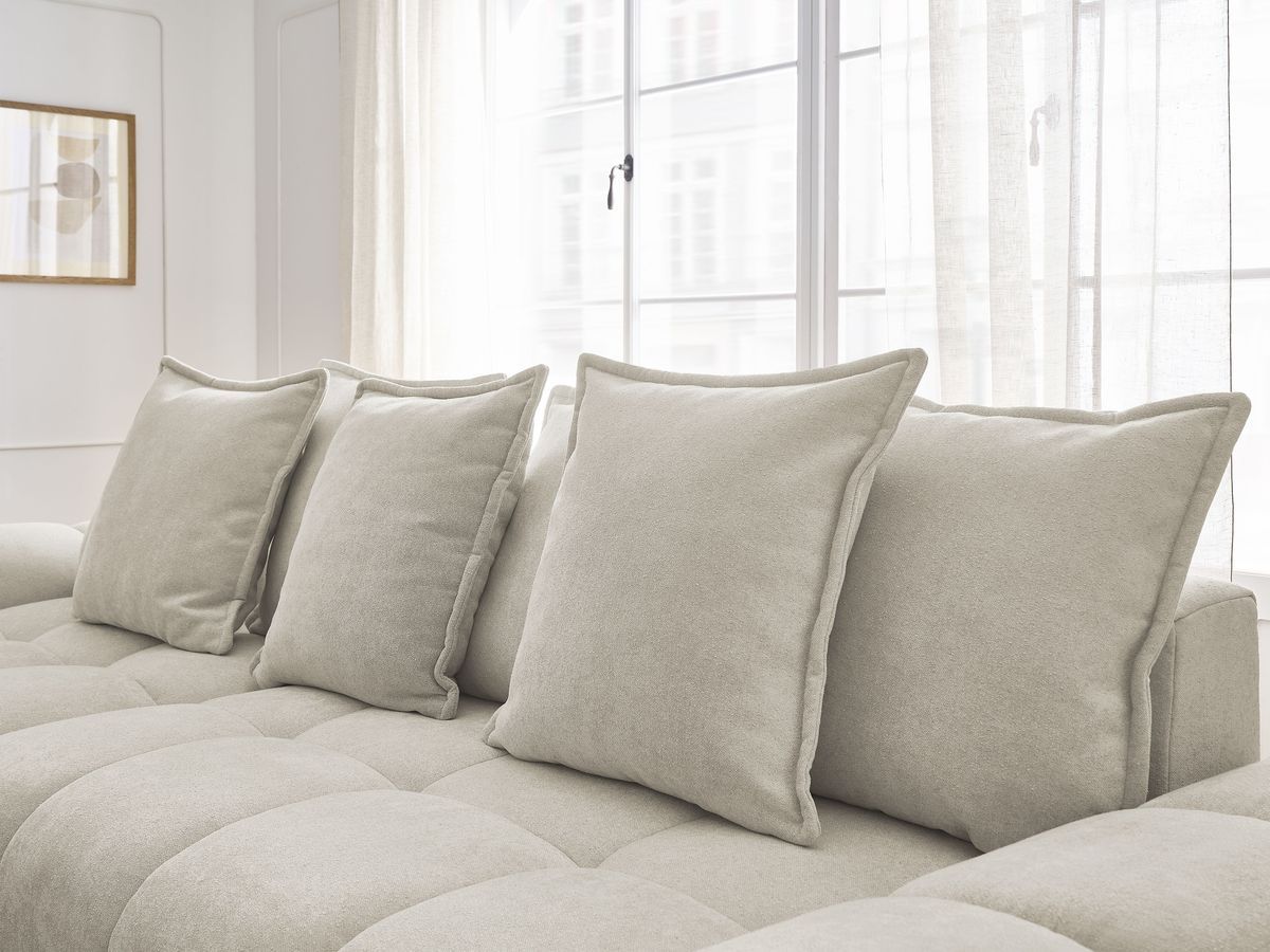 Bobochic Everest Ecksofa mit Schlaffunktion und Bettkasten und Pouf 318 × 180 cm, 7 Kissen Strukturstoff Beige Ecke links