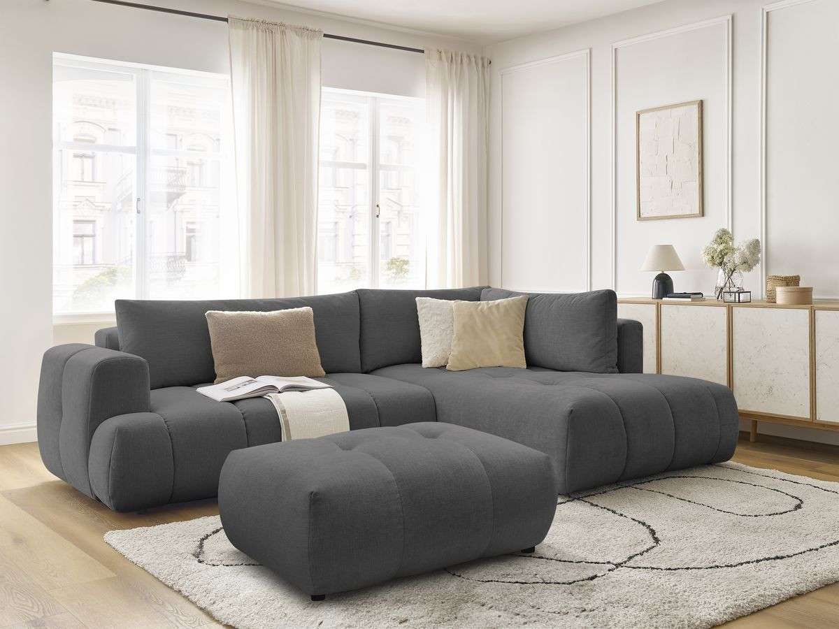 Bobochic Fuji Ecksofa mit Schlaffunktion und Bettkasten und Pouf 282 × 204 cm Stoff Dunkelgrau Ecke rechts