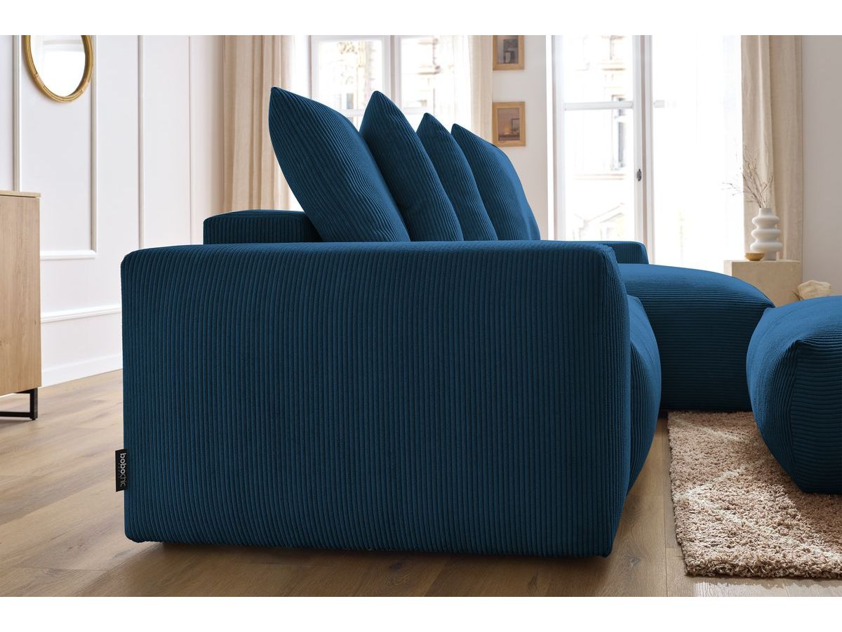 Bobochic Voltaire Ecksofa mit Schlaffunktion und Bettkasten und Pouf Cordsamt Dunkelblau