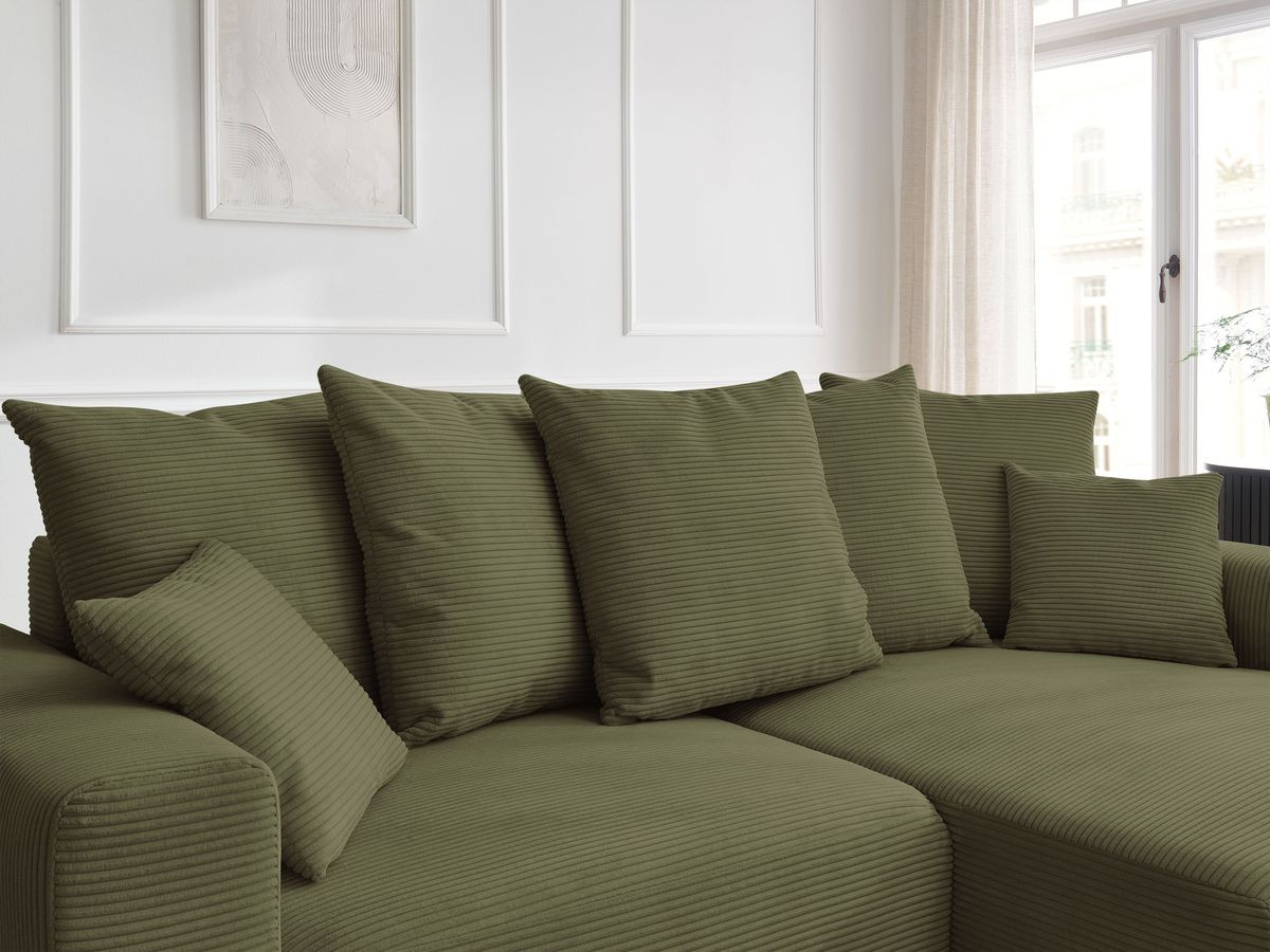 Bobochic Atilla Ecksofa mit Schlaffunktion und Bettkasten Cordsamt Hellgrün Ecke rechts