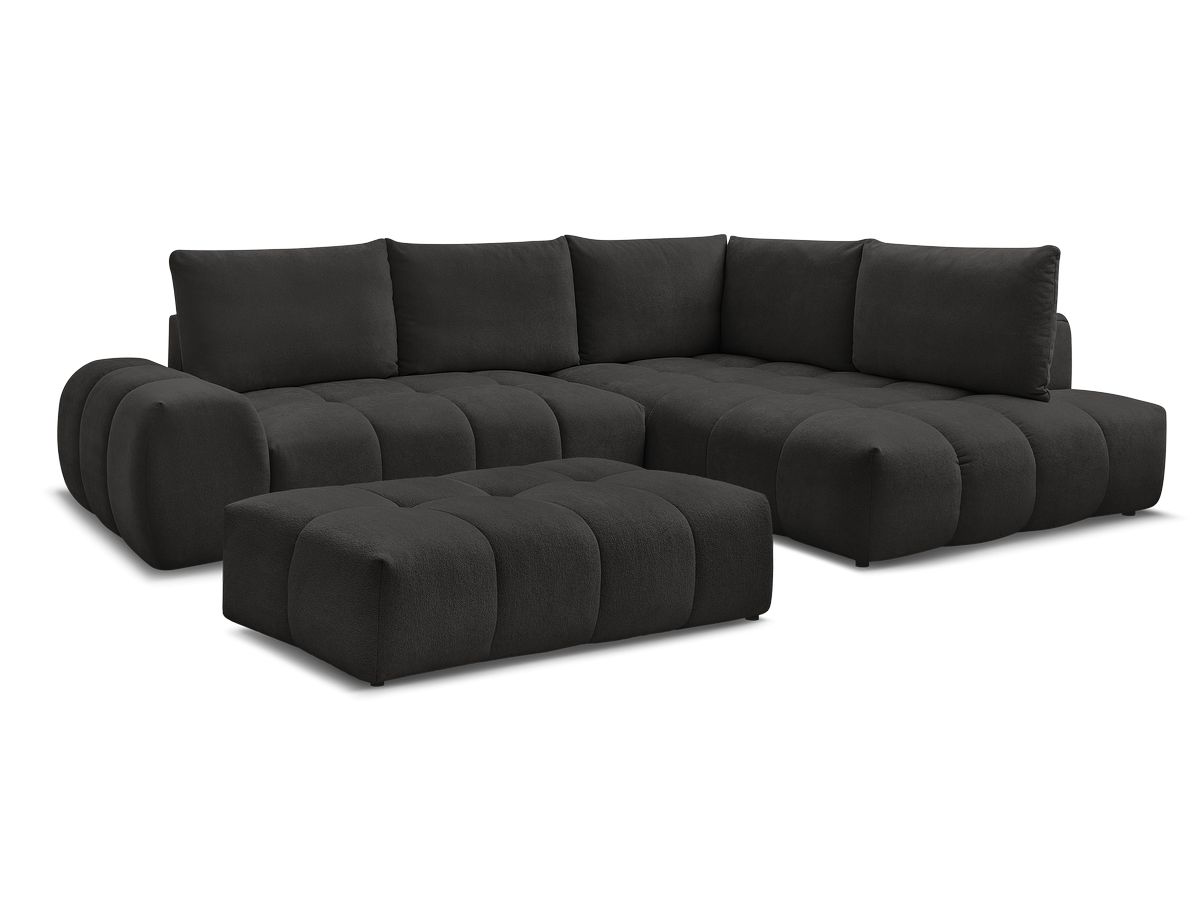 Bobochic Everest Ecksofa mit Schlaffunktion und Bettkasten und Pouf 320 × 212 cm, 5 Kissen Strukturstoff Schwarz Ecke rechts
