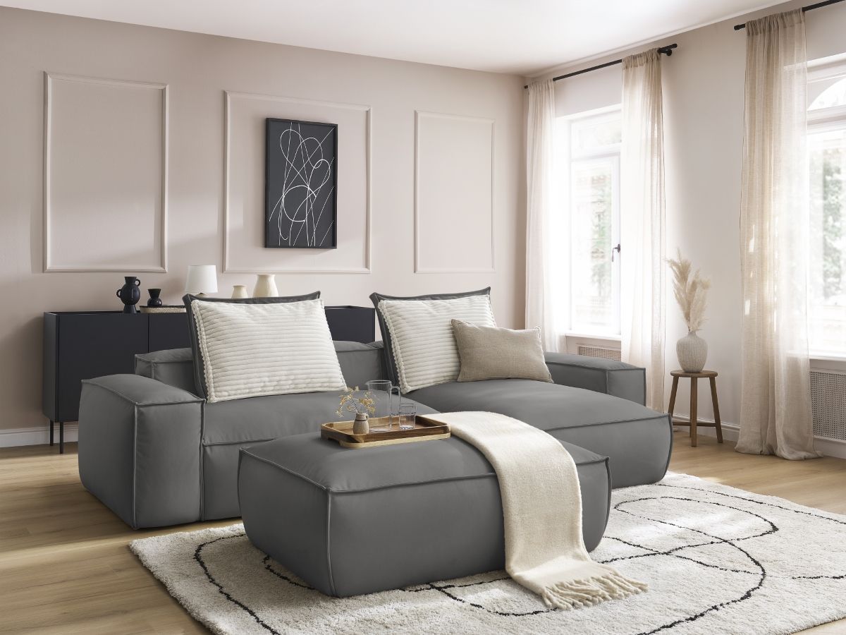 Bobochic Boheme Ecksofa mit Pouf Kunstleder Dunkelgrau