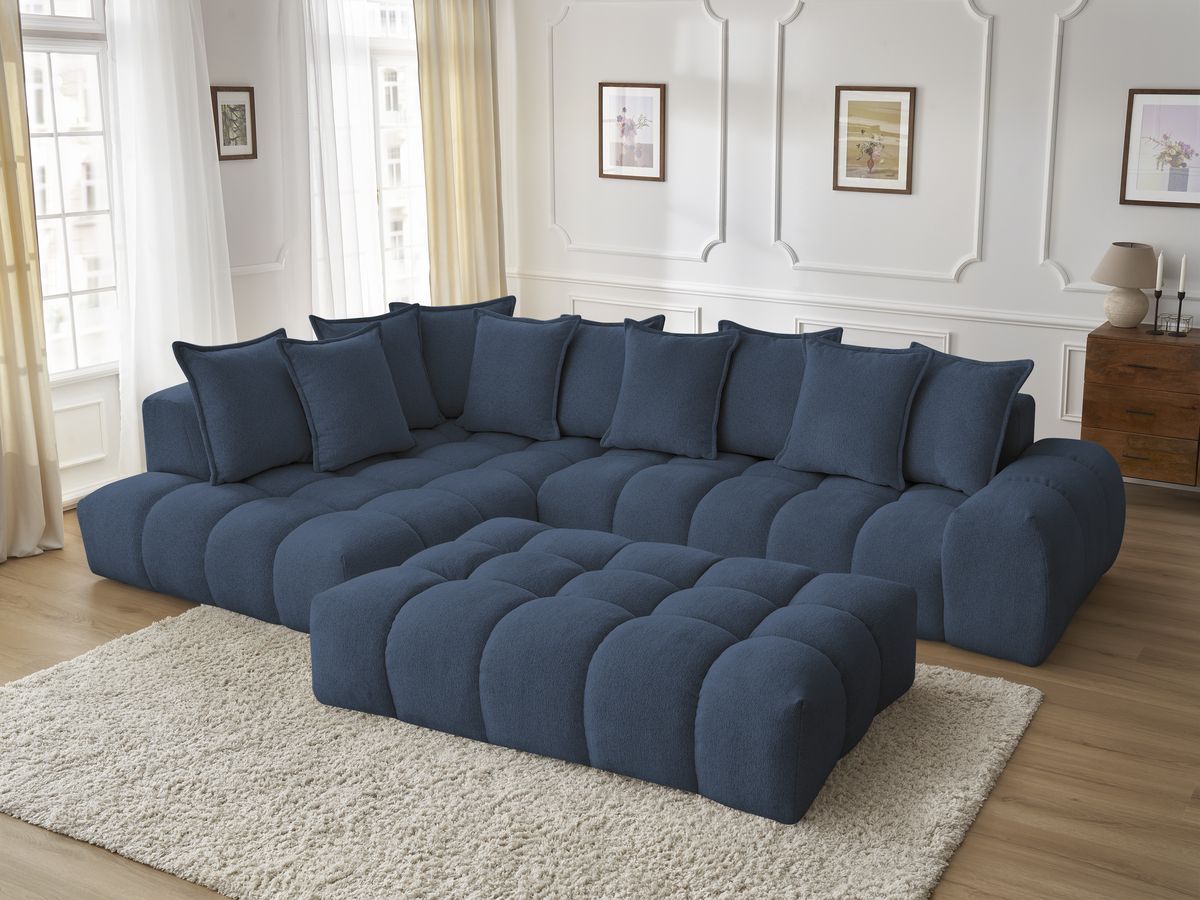 Bobochic Everest Ecksofa mit Schlaffunktion und Pouf, 10 Kissen Melange-Stoff Dunkelblau Ecke links