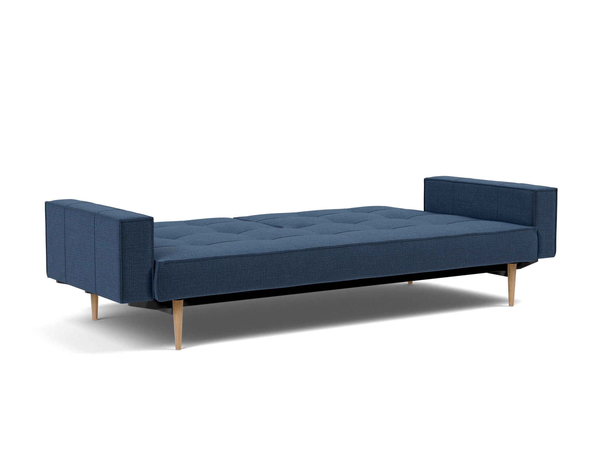 Schlafsofa Splitback mit Armlehnen Chenille Esina 414-Indigo-Blue Beine Styletto Eiche hell