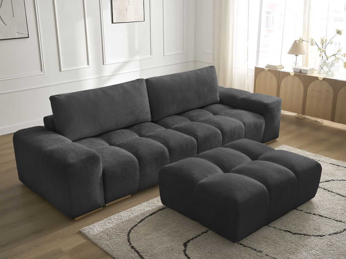 Bobochic Anakin Sofa 3-Sitzer mit Pouf, 2 Kissen Strukturstoff Schwarz