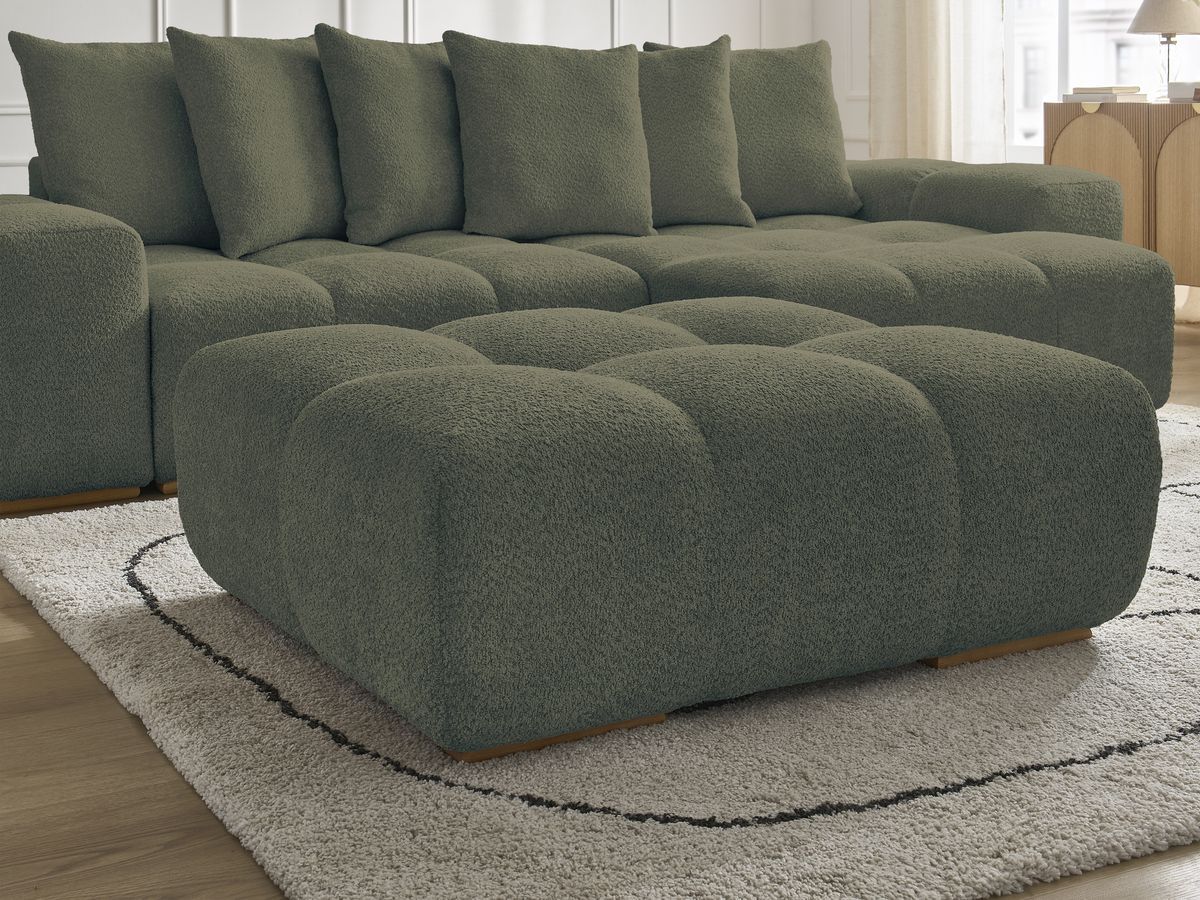 Bobochic Anakin Ecksofa mit Schlaffunktion und Bettkasten und Pouf, 6 Kissen Bouclé-Stoff Grün