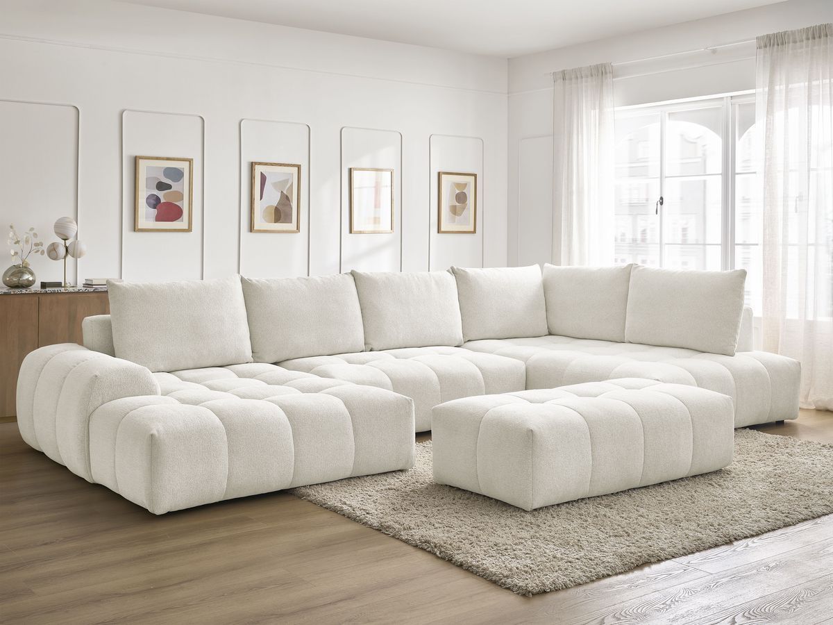 Bobochic Everest Wohnlandschaft mit Pouf, 6 Kissen Melange-Stoff Weiß Ecke links