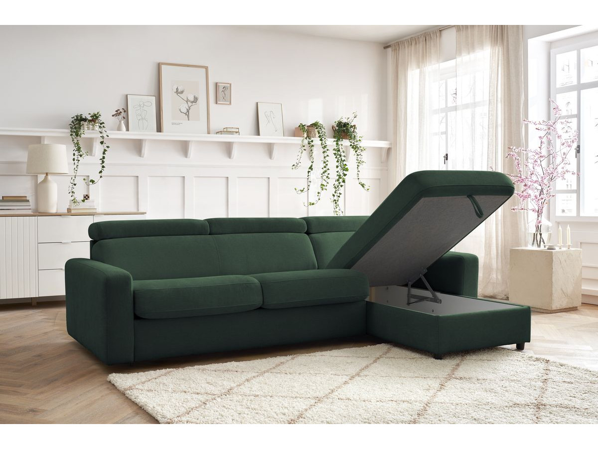 Bobochic Monaco Ecksofa mit Schlaffunktion und Bettkasten Stoff Grün, Liegefläche 140 × 190 cm