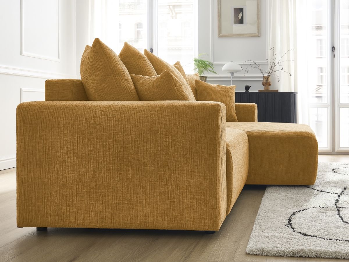 Bobochic Atilla Ecksofa mit Schlaffunktion und Bettkasten Strukturstoff Gelb Ecke rechts