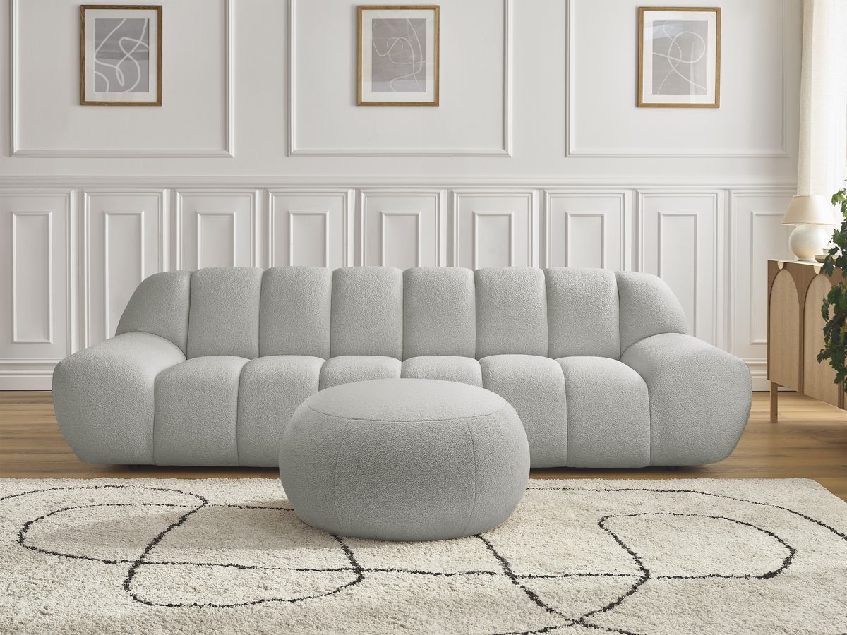 Bobochic Hayden Sofa 4-Sitzer mit Pouf Bouclé-Stoff Hellgrau