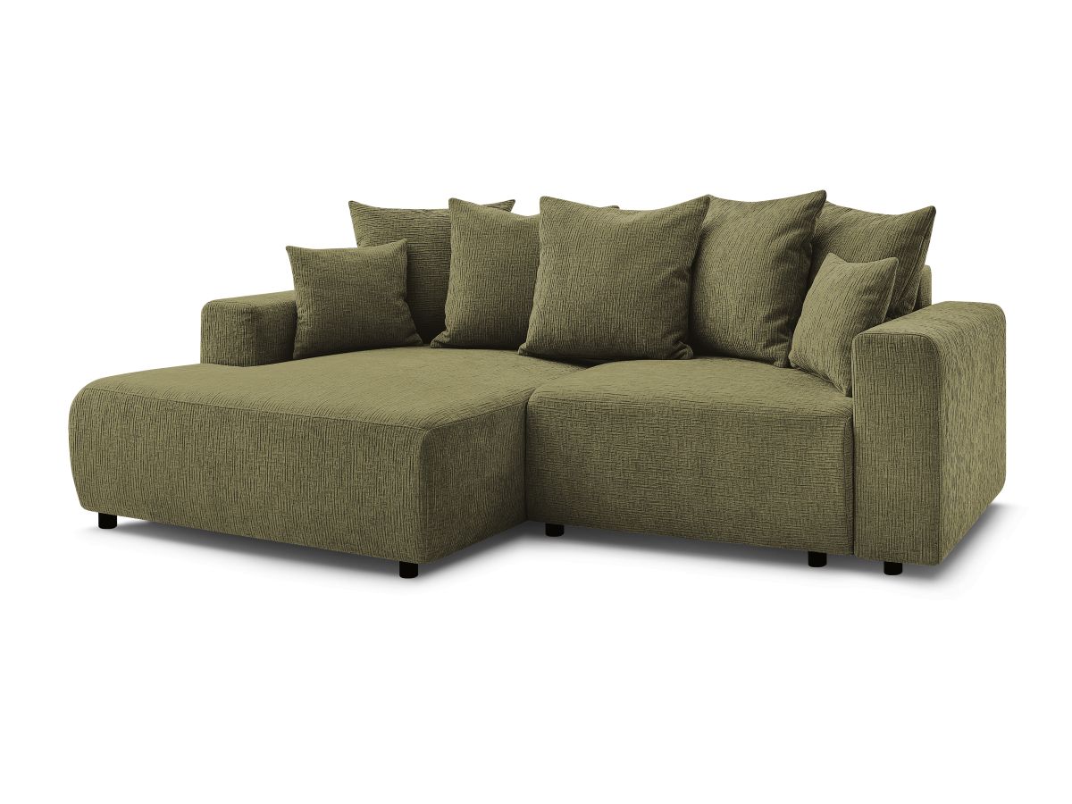 Bobochic Atilla Ecksofa mit Schlaffunktion und Bettkasten Strukturstoff Grün Ecke links