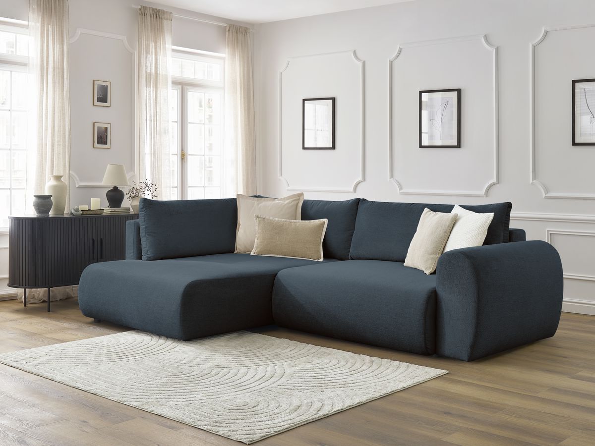 Bobochic Lucien Ecksofa mit Schlaffunktion und Bettkasten 296 × 198 cm Stoff Dunkelblau Ecke links