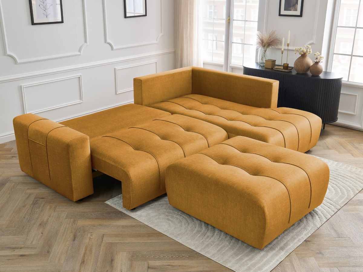 Bobochic Arsene Ecksofa mit Schlaffunktion und Bettkasten und Pouf 277 × 200 cm Samt Gelb Ecke rechts