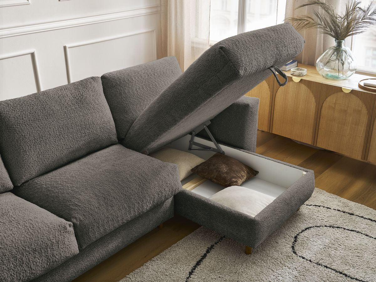 Bobochic Cocoone Ecksofa mit Schlaffunktion und Bettkasten Bouclé-Stoff Braun, Liegefläche 140 × 200 cm