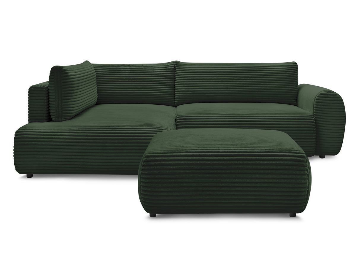 Bobochic Lucien Ecksofa mit Schlaffunktion und Bettkasten und Pouf 296 × 198 cm Breitcord weich Grün Ecke links