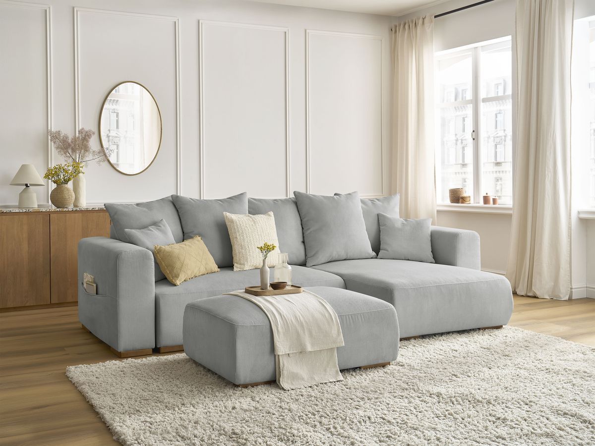 Bobochic Sidonie Ecksofa mit Schlaffunktion und Bettkasten und Pouf Cordsamt Hellgrau
