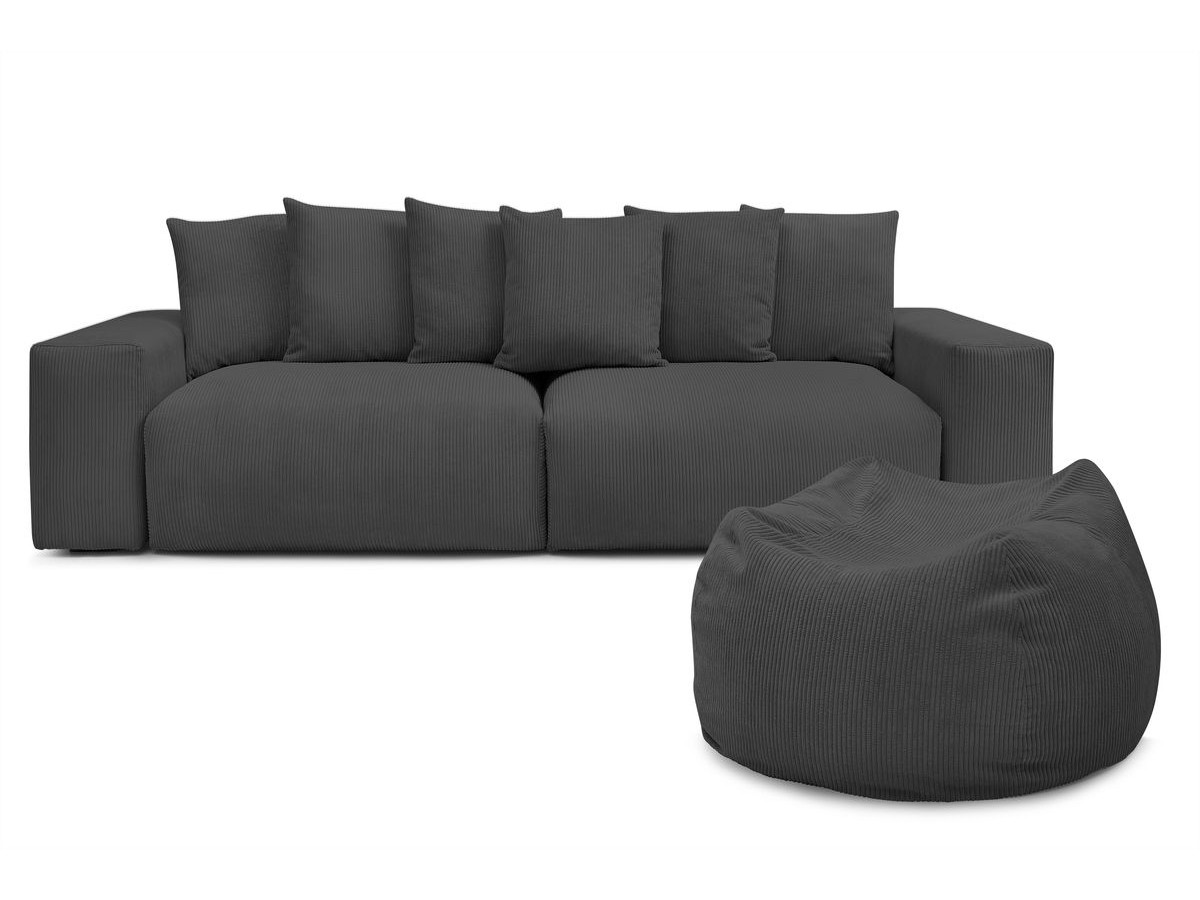 Bobochic Voltaire Sofa 5-Sitzer mit Pouf Cordsamt Dunkelgrau