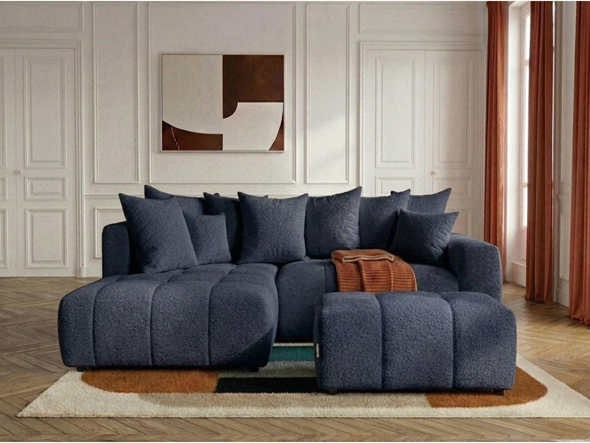 Bobochic Roxelane Ecksofa mit Schlaffunktion und Bettkasten und Pouf Bouclé-Stoff Dunkelblau Ecke links