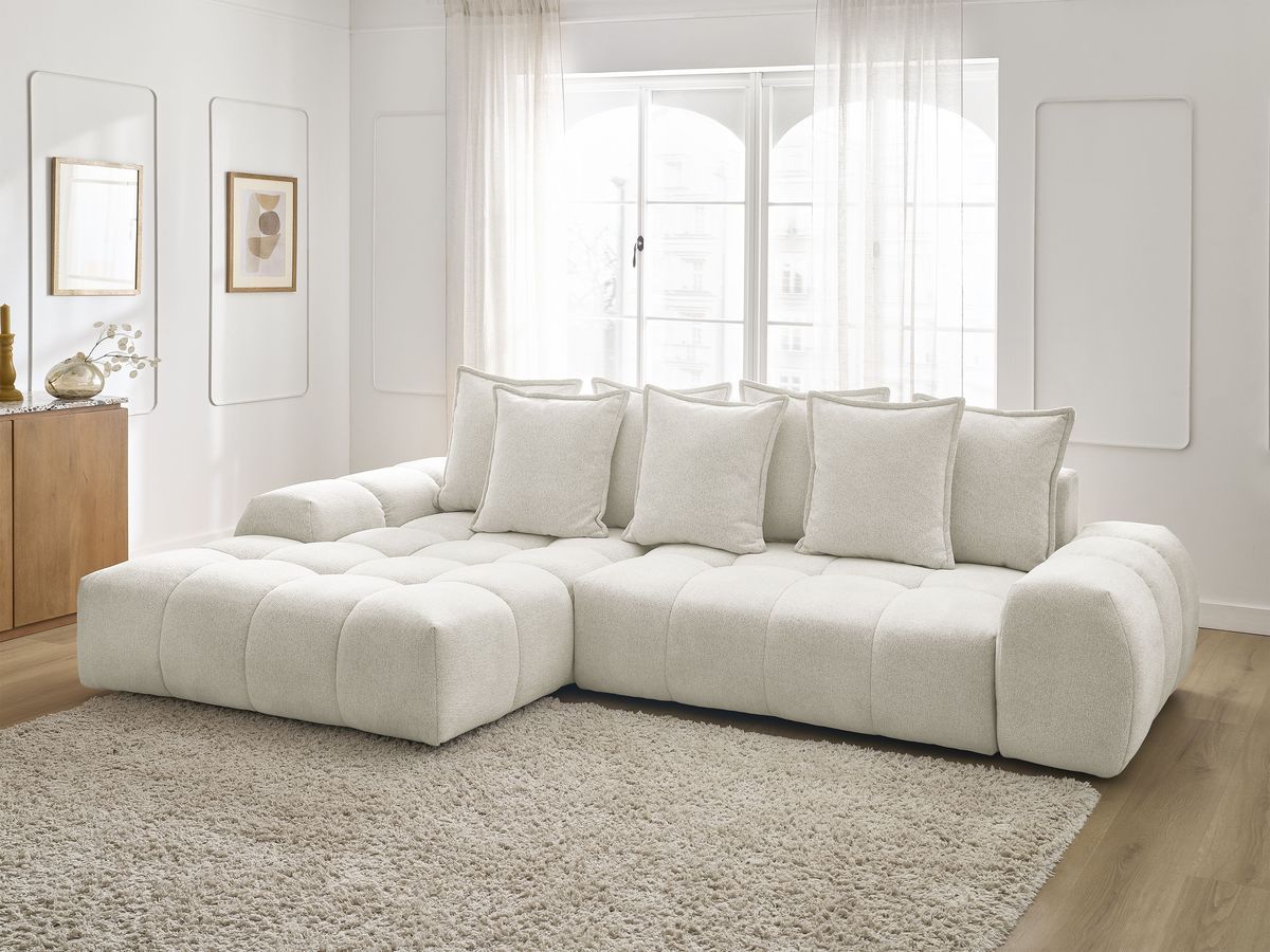 Bobochic Everest Ecksofa mit Schlaffunktion und Bettkasten 318 × 180 cm, 7 Kissen Melange-Stoff Weiß Ecke links