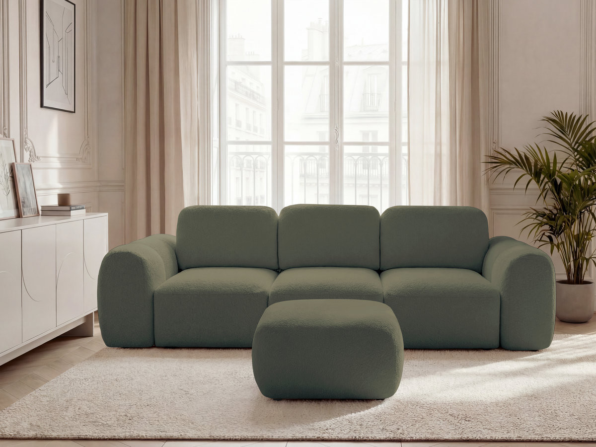 Bobochic Montaigne Schlafsofa 3-Sitzer mit Bettkasten und Pouf Bouclé-Stoff Grün
