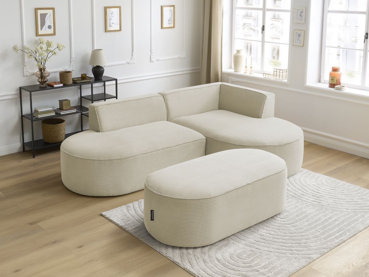 Bobochic Rousseau Ecksofa mit Pouf Cordsamt Beige Ecke rechts