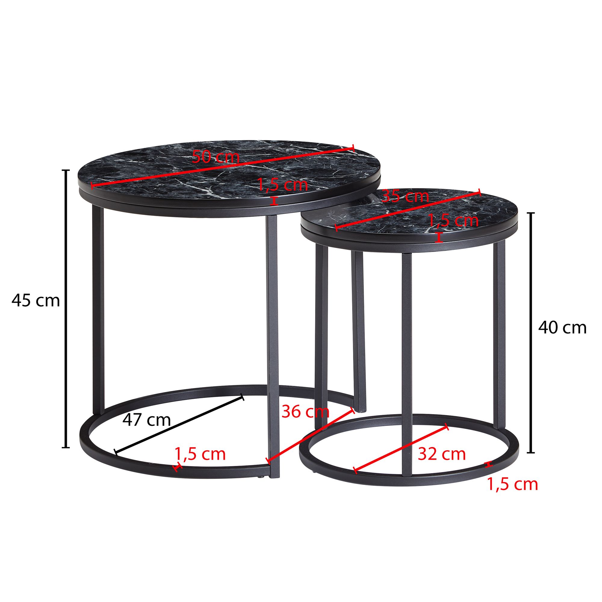 Satztisch 2er-Set Skodje Marmoroptik Schwarz Ø 50 × H 45 cm