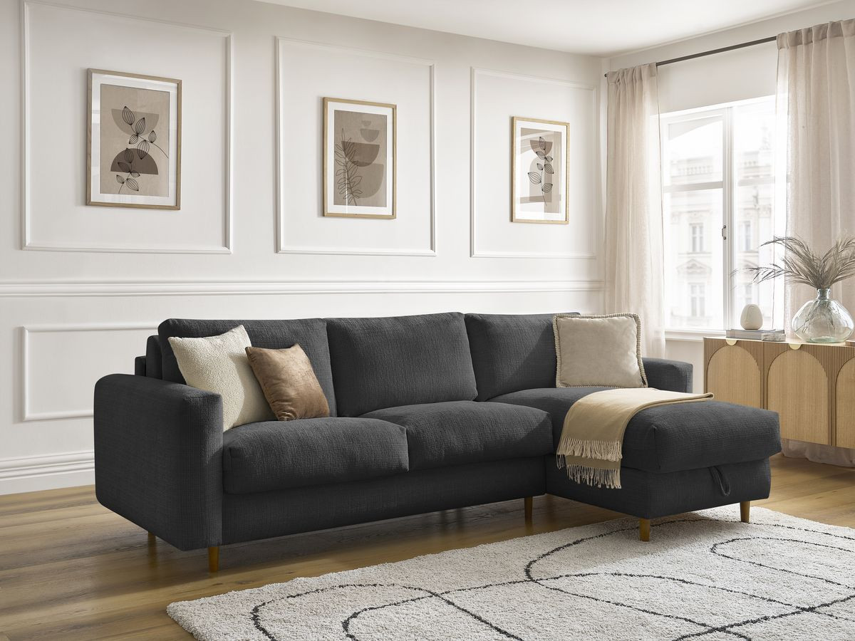Bobochic Cocoone Ecksofa mit Schlaffunktion und Bettkasten Strukturstoff Schwarz, Liegefläche 140 × 200 cm