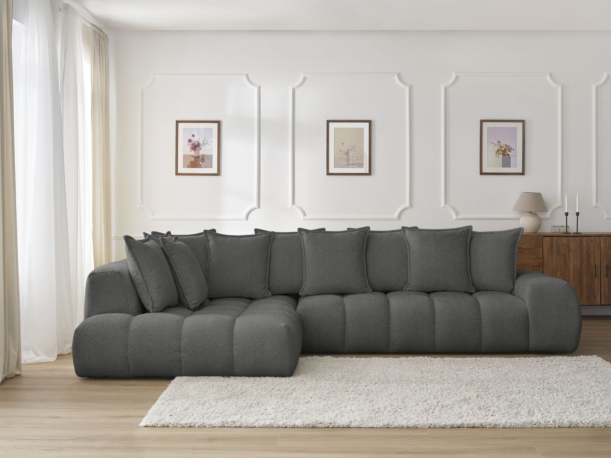 Bobochic Everest Ecksofa, 10 Kissen Melange-Stoff Dunkelgrau Ecke links