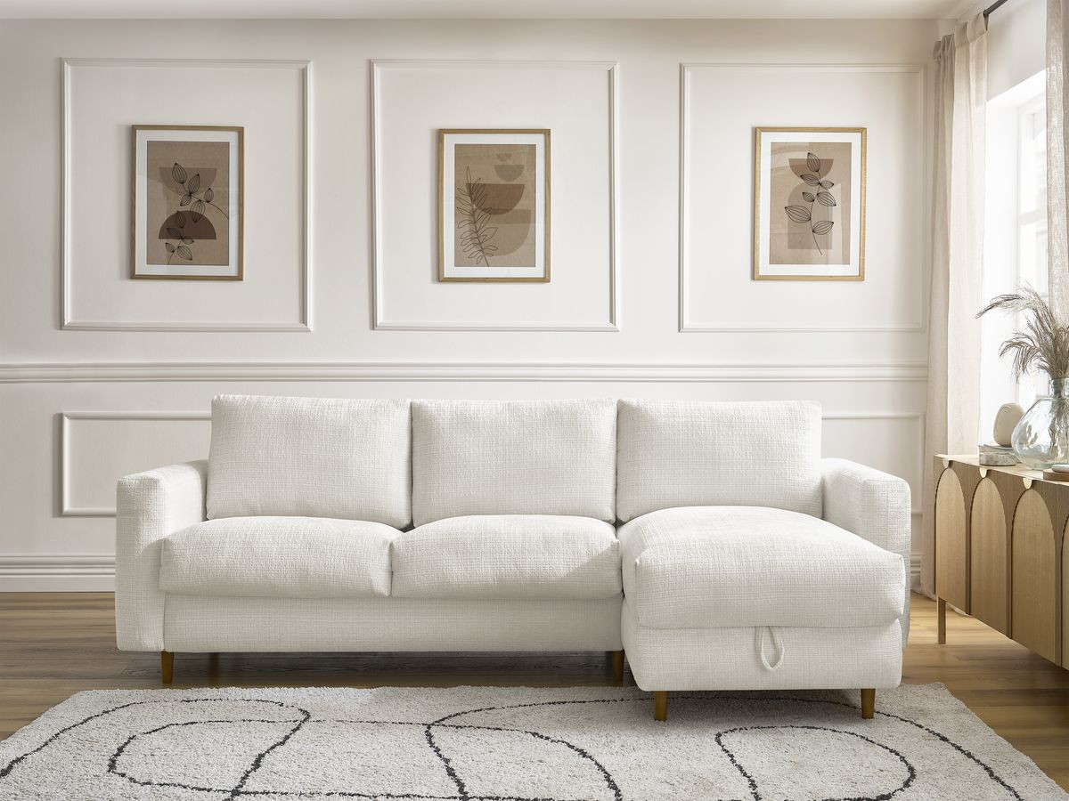 Bobochic Cocoone Ecksofa mit Schlaffunktion und Bettkasten Strukturstoff Weiß, Liegefläche 160 × 200 cm