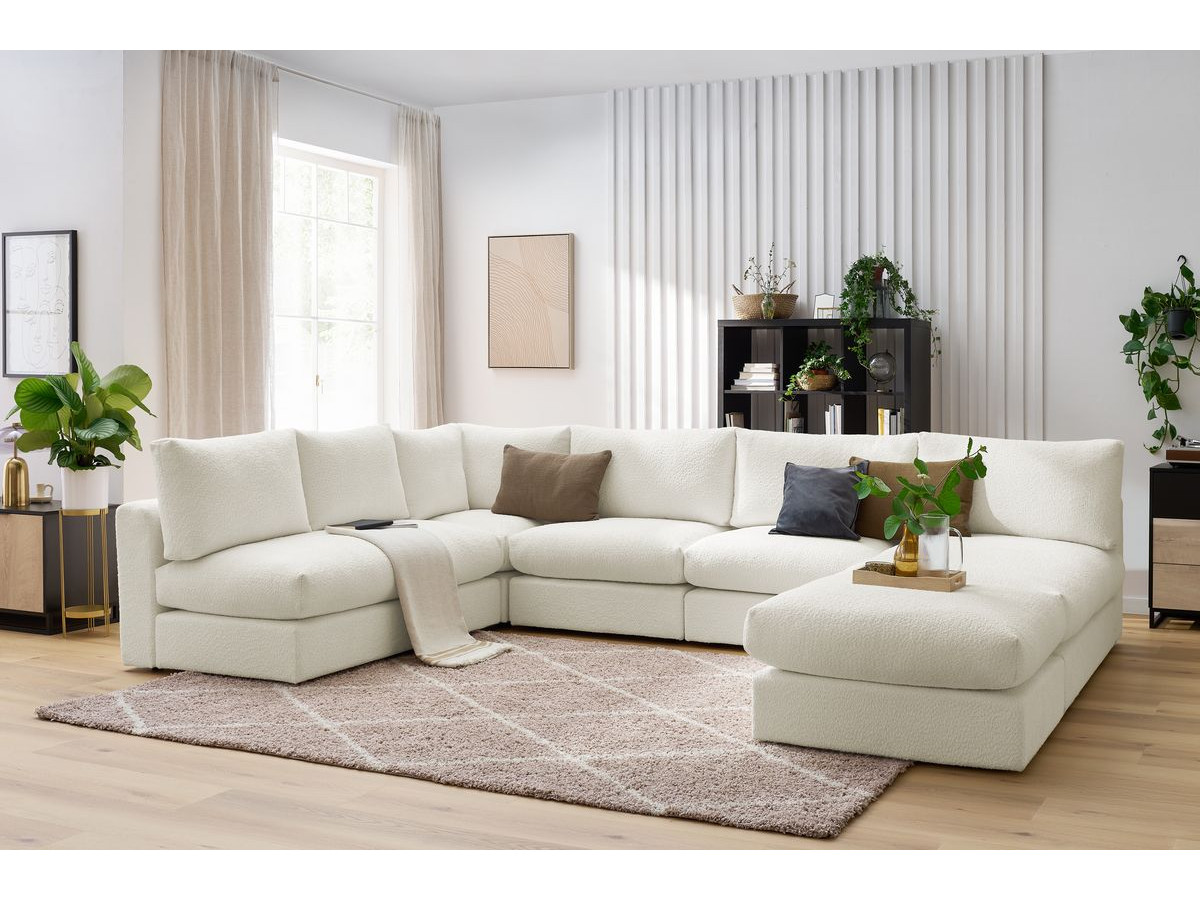 Bobochic Paris Ecksofa mit Pouf 369 × 262 cm Bouclé-Stoff Weiß
