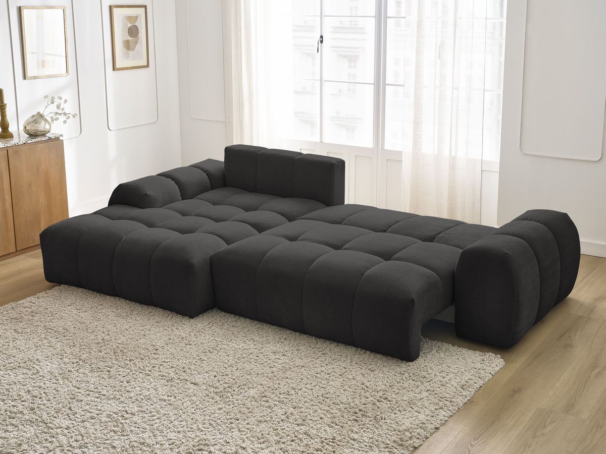 Bobochic Everest Ecksofa mit Schlaffunktion und Bettkasten 318 × 180 cm, 3 Kissen Strukturstoff Schwarz Ecke links