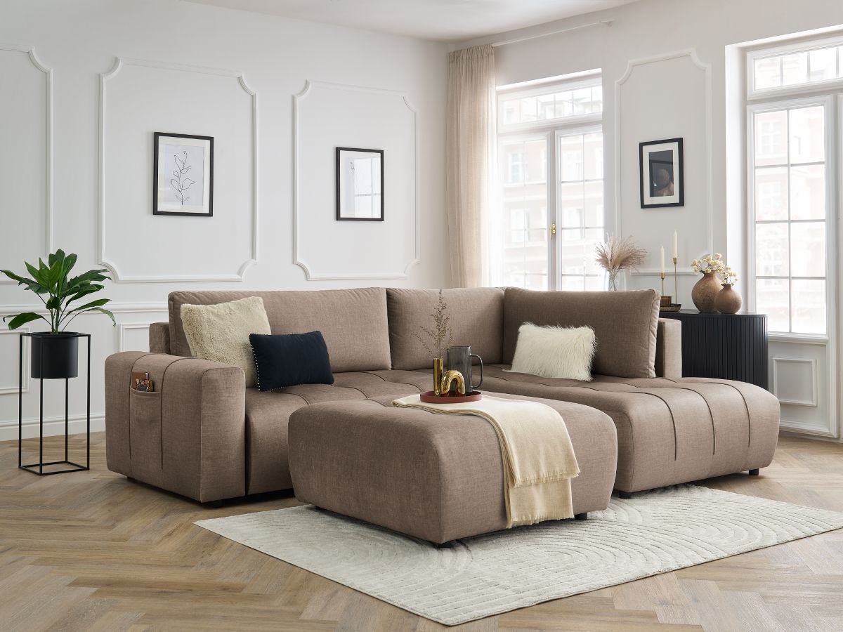Bobochic Arsene Ecksofa mit Schlaffunktion und Bettkasten und Pouf 277 × 200 cm Samt Taupe Ecke rechts