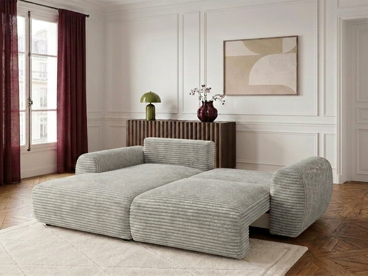 Bobochic Lucien Ecksofa mit Schlaffunktion und Bettkasten Breitcord weich Hellgrau Ecke links