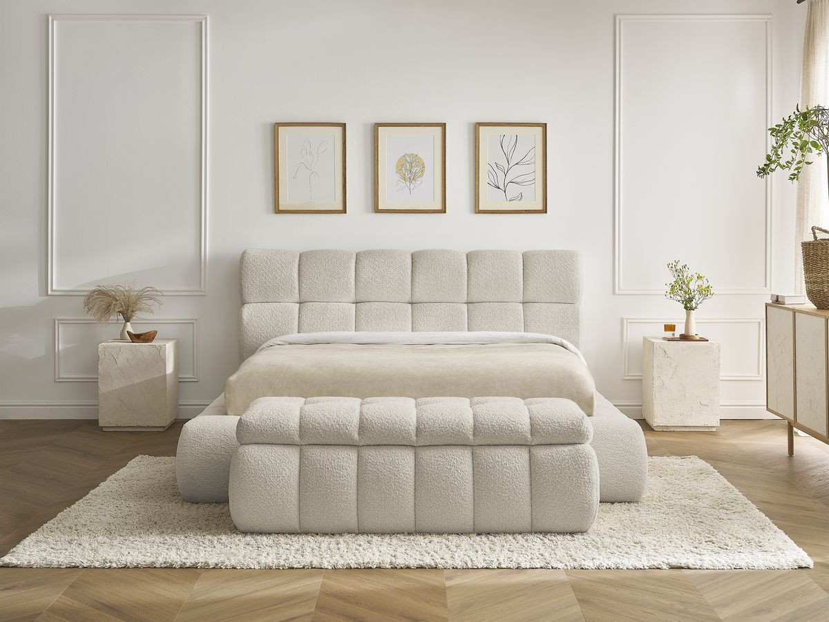 Bobochic Mont-blanc Polsterbett mit Bettkasten mit Bettbank Bouclé-Stoff Beige, Liegefläche 140 × 190 cm