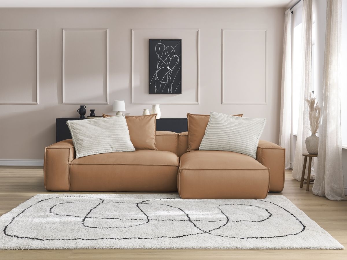 Bobochic Boheme Ecksofa, 3 Kissen Kunstleder Hellbraun