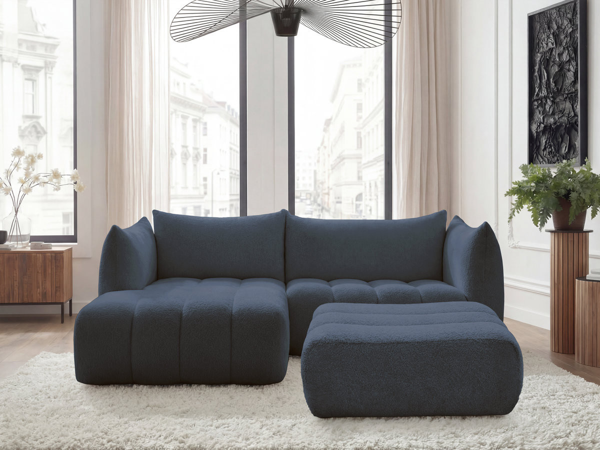 Bobochic Azra Ecksofa mit Pouf 262 × 178 cm Bouclé-Stoff Dunkelblau Ecke links