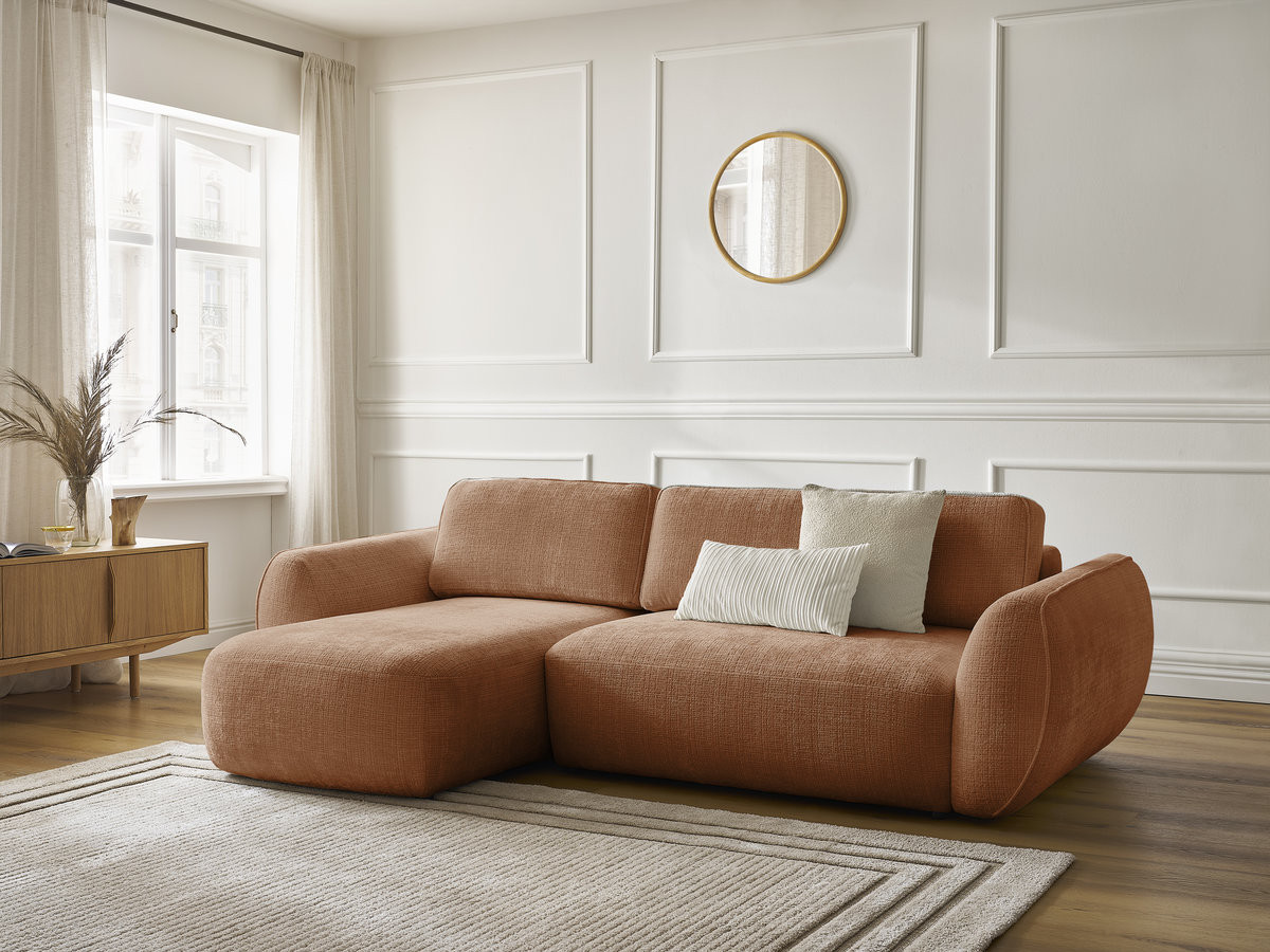 Bobochic Denise Ecksofa mit Schlaffunktion und Bettkasten 258 × 160 cm Strukturstoff Orange Ecke links