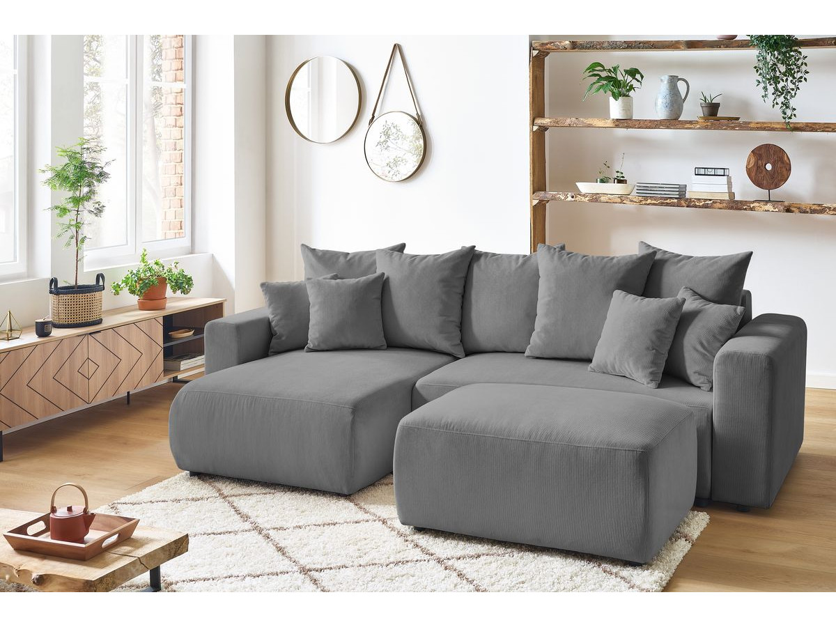 Bobochic Envy Ecksofa mit Schlaffunktion und Bettkasten und Pouf Cordsamt Dunkelgrau