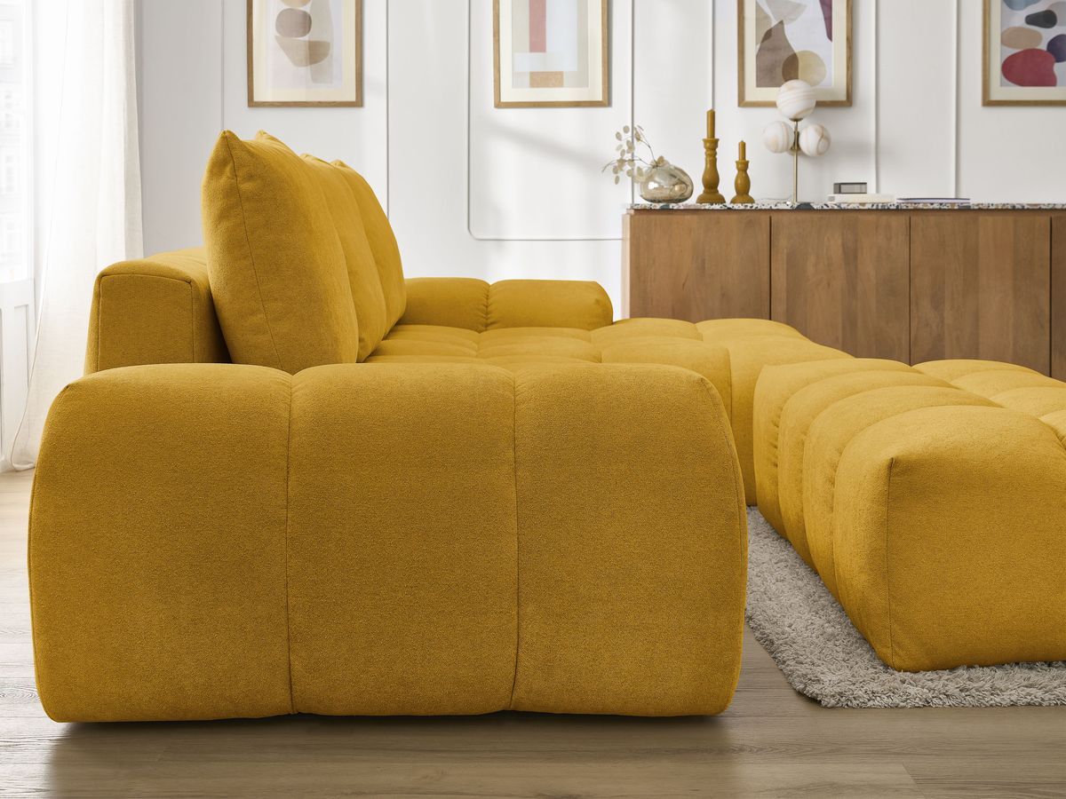 Bobochic Everest Ecksofa mit Schlaffunktion und Bettkasten und Pouf 318 × 180 cm, 3 Kissen Strukturstoff Gelb Ecke rechts