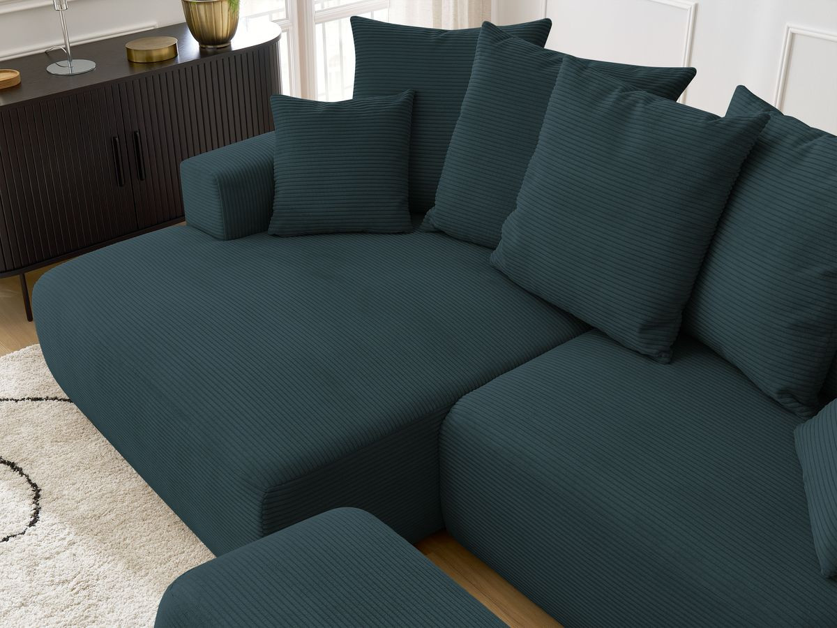 Bobochic Atilla Ecksofa mit Schlaffunktion und Bettkasten und Pouf Cordsamt Dunkelblau Ecke links