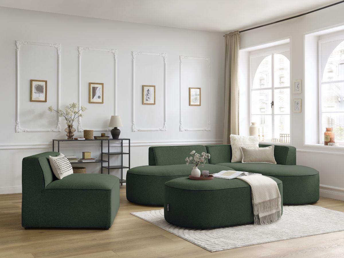 Bobochic Rousseau Ecksofa mit Sofamodul und Pouf Melange-Stoff Grün Ecke rechts