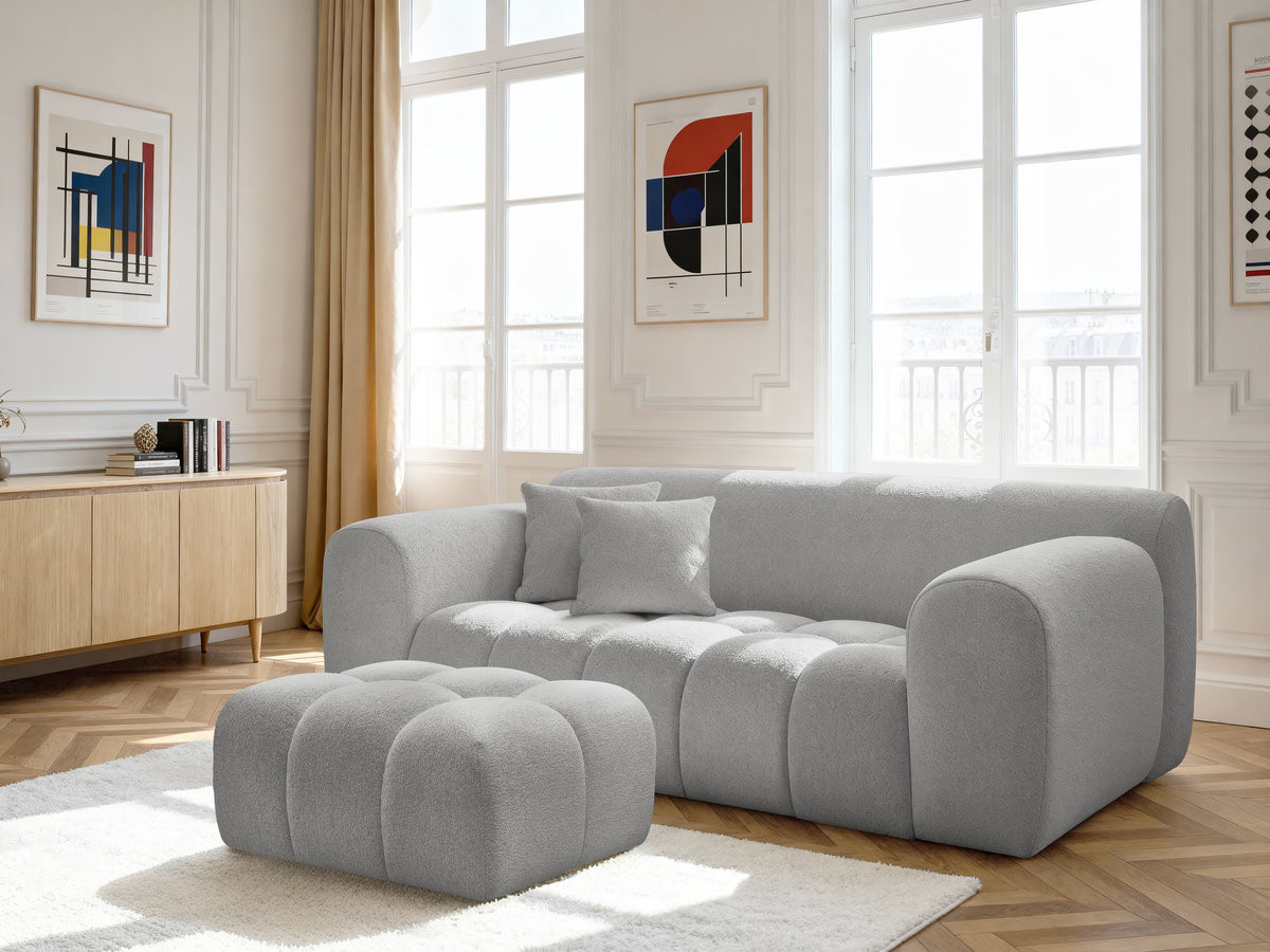 Bobochic Melisse Sofa 2-Sitzer mit Pouf Melange-Stoff Hellgrau