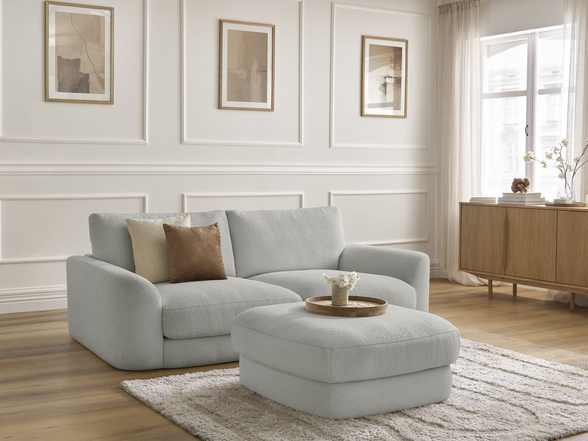 Bobochic Leonore Sofa 3-Sitzer mit Pouf Bouclé-Stoff Hellgrau