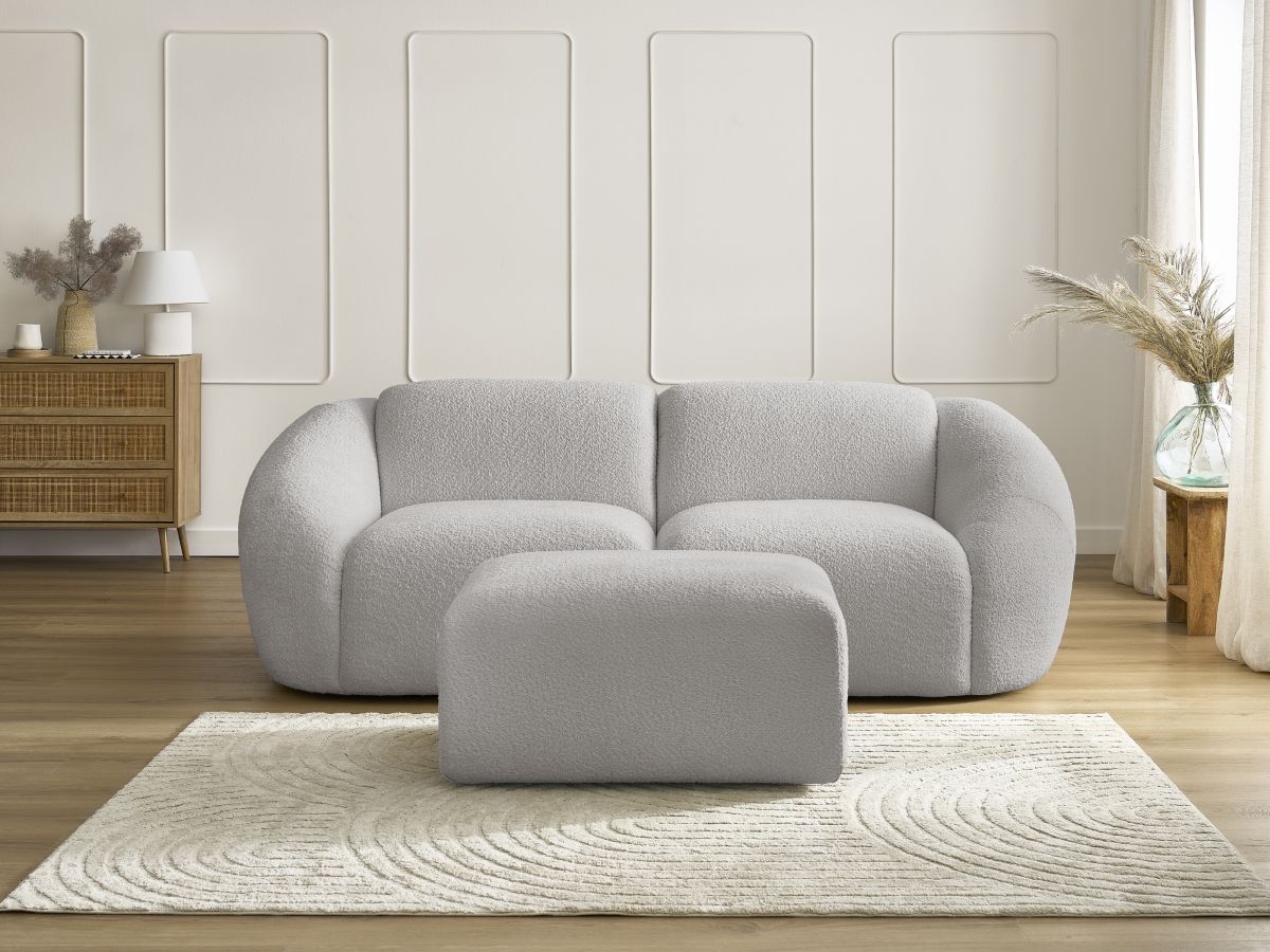 Bobochic Tina Sofa 3-Sitzer mit Pouf Bouclé-Stoff Hellgrau