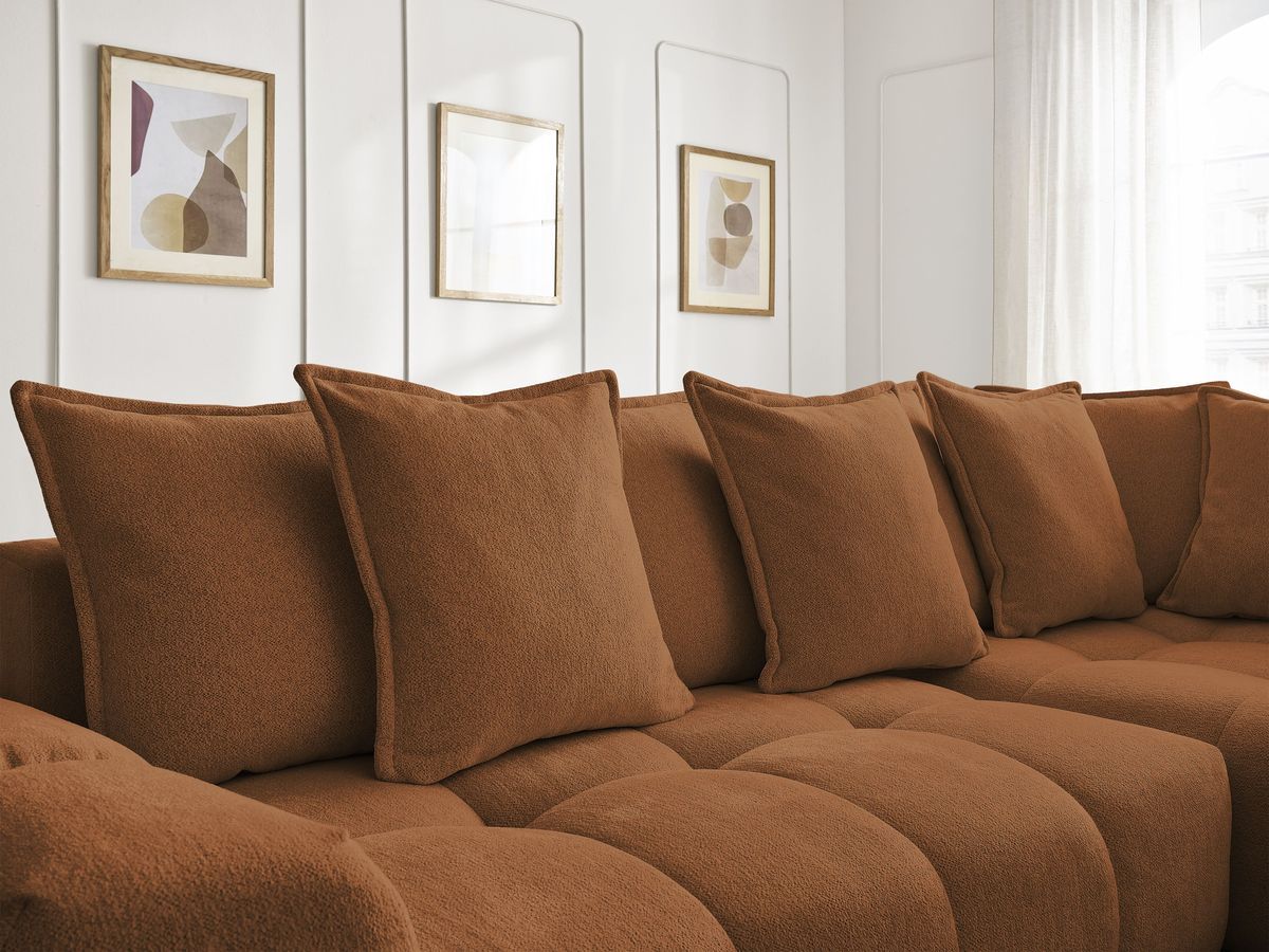 Bobochic Everest Ecksofa mit Schlaffunktion und Bettkasten 320 × 212 cm, 10 Kissen Melange-Stoff Orange Ecke rechts