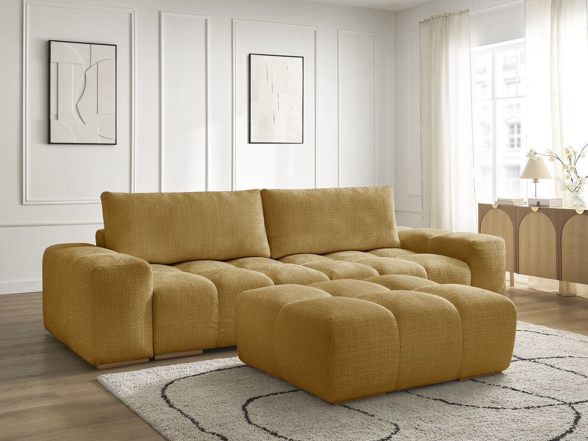 Bobochic Anakin Schlafsofa 3-Sitzer mit Bettkasten und Pouf, 2 Kissen Strukturstoff Gelb