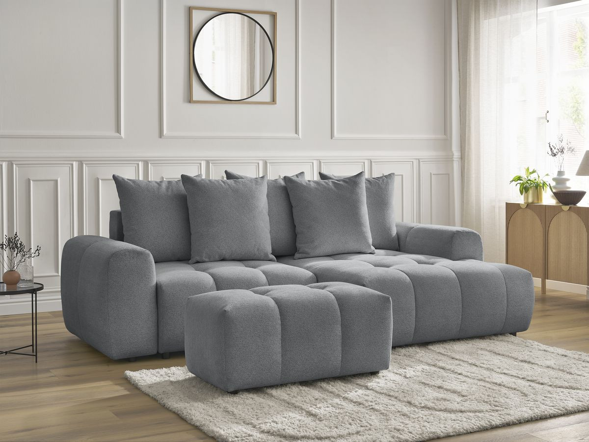 Bobochic Roxelane Ecksofa mit Schlaffunktion und Bettkasten und Pouf 258 × 150 cm Melange-Stoff Dunkelgrau Ecke rechts