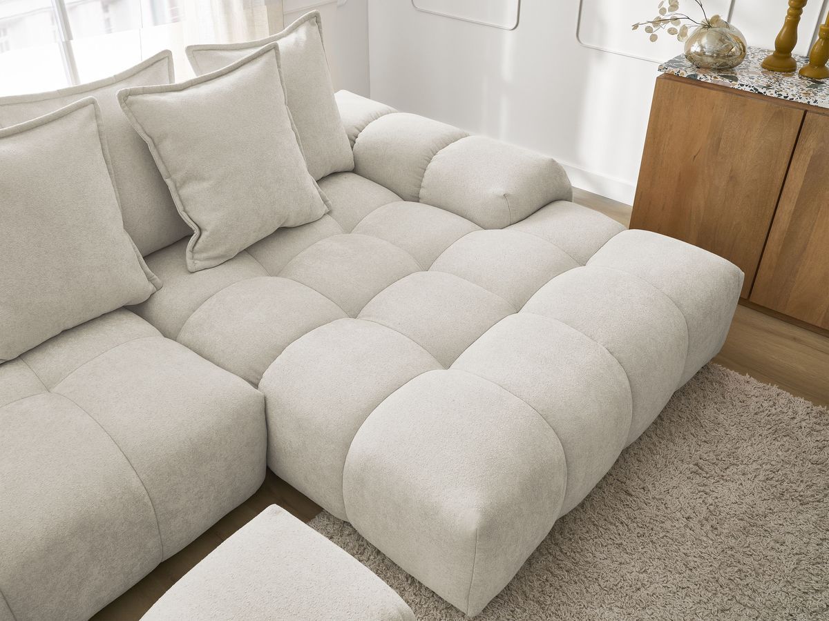 Bobochic Everest Ecksofa mit Schlaffunktion und Bettkasten und Pouf 318 × 180 cm, 7 Kissen Strukturstoff Beige Ecke rechts