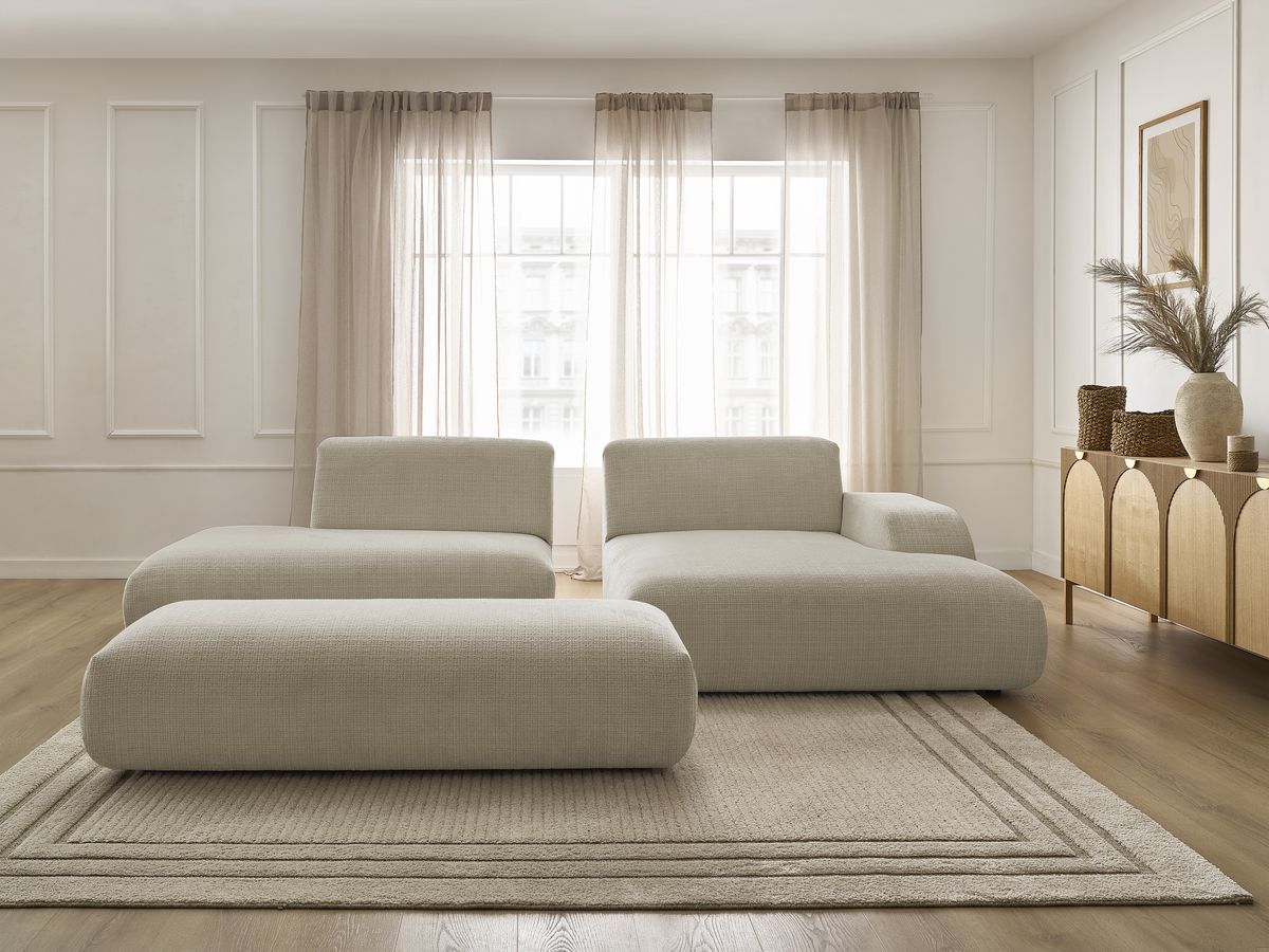 Bobochic Sirius Ecksofa mit Pouf 300 × 170 cm Strukturstoff Beige Ecke rechts